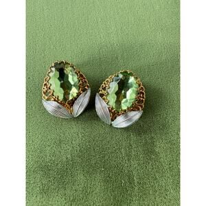 Vintage West Germany Green Clip On Earrings Gold Silver Tone